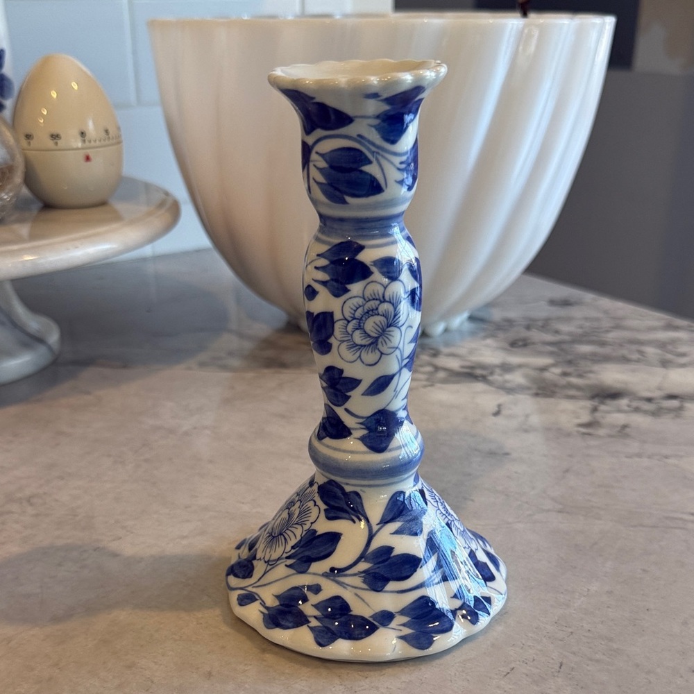 Blue and White Floral Candlestick Holder
